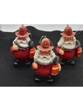 Noel North Pole Fire Department Santa Fireman Tree Ornament 3.5" Set Of 3
